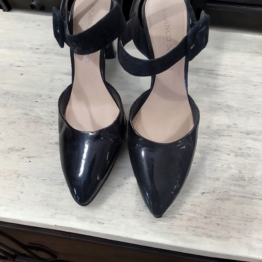 Black Patent Leather Heels Franco Sarto with Velvet Strap size 7